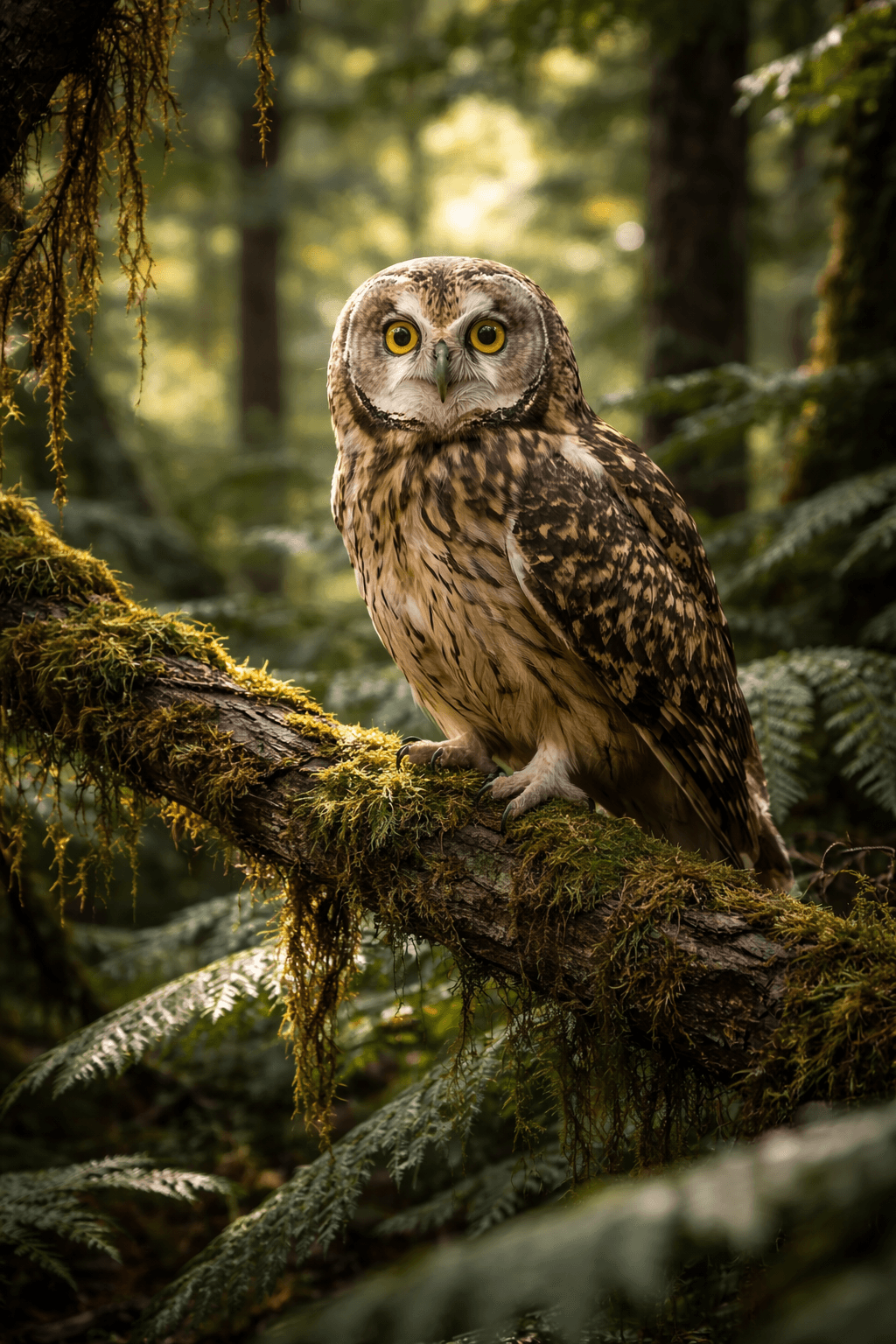 owl perched mossy branch forest.jpg