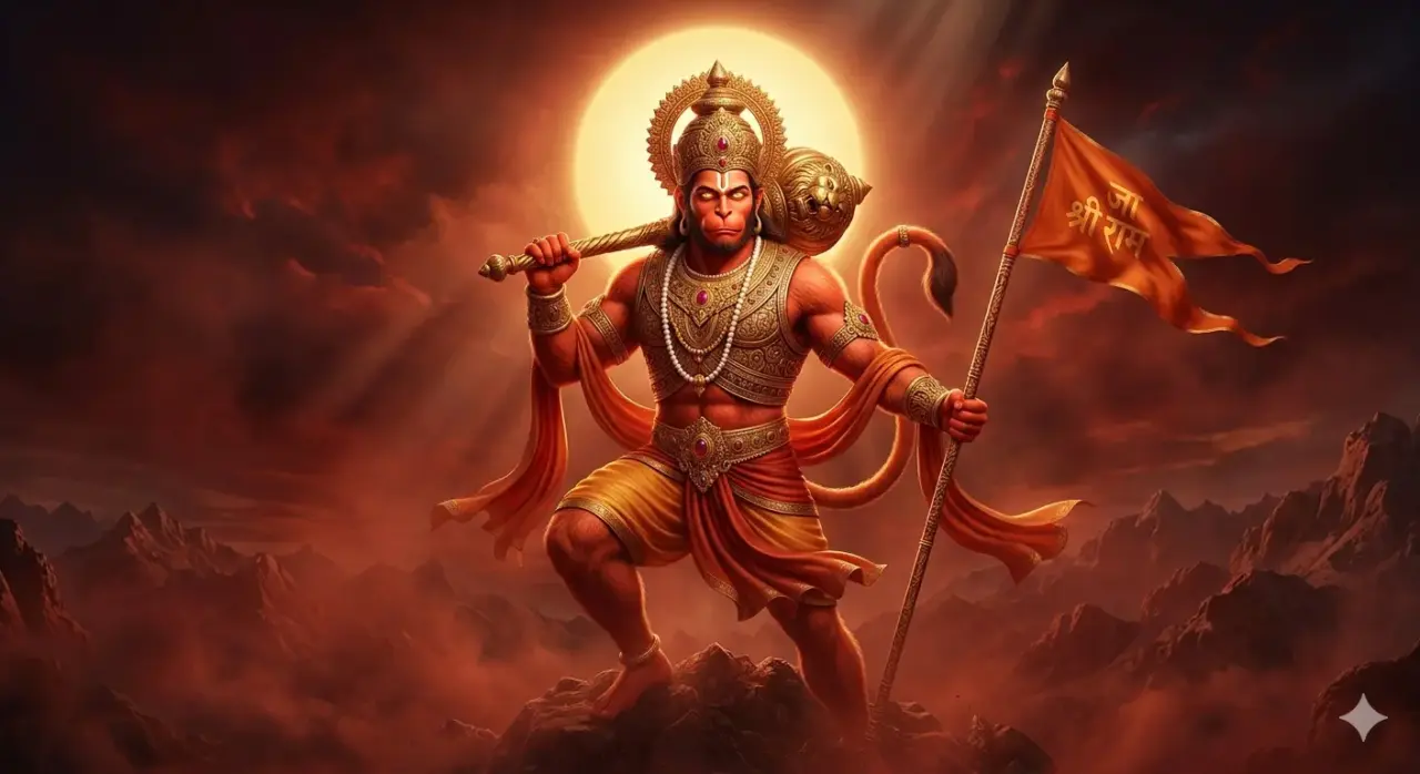 A digital illustration of Lord Hanuman standing on a mountain peak, holding his Gada (mace) and a saffron flag with "Jai Shree Ram" written on it, set against a glowing sun and dramatic red clouds.