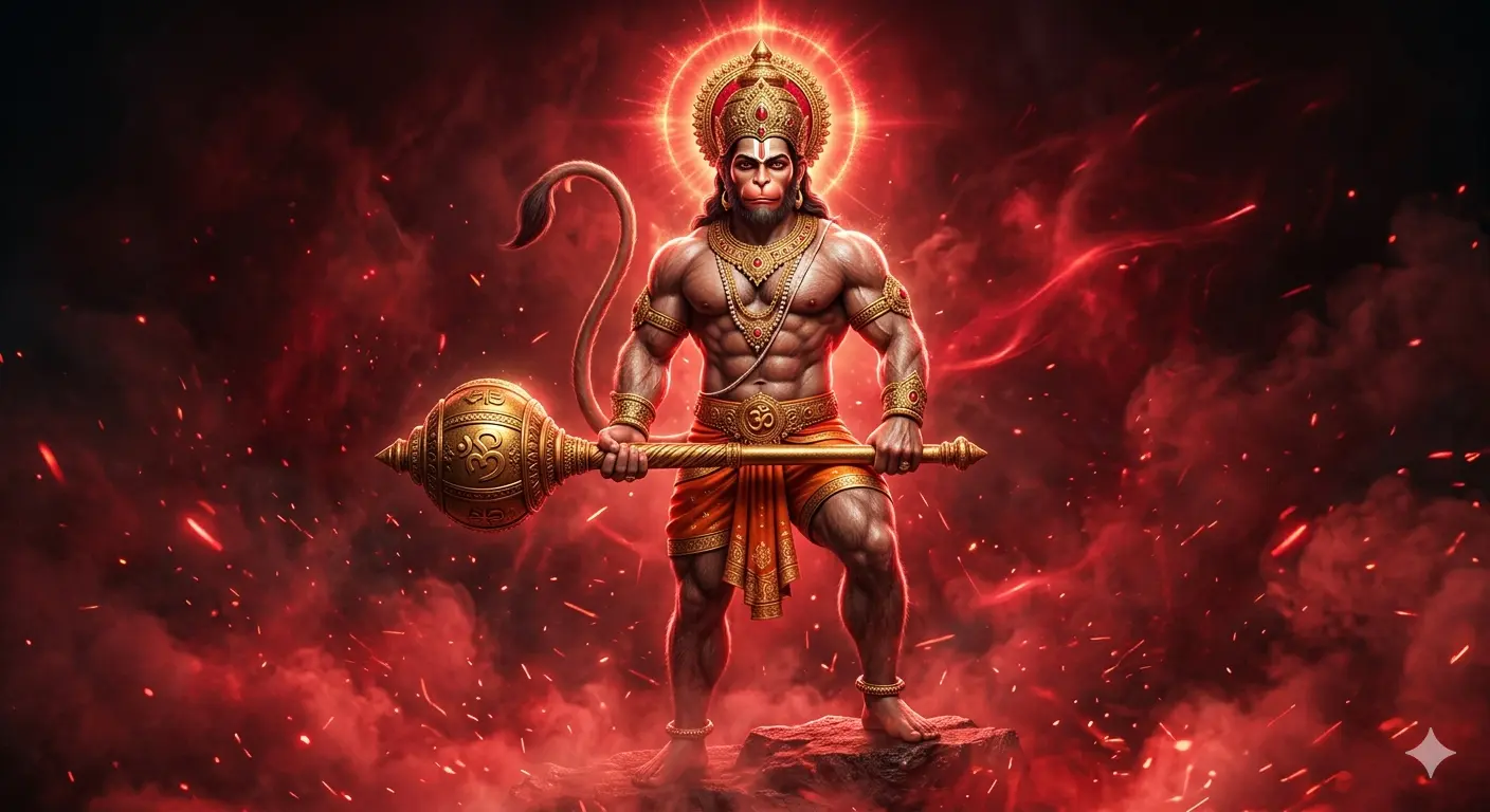 A digital illustration of Lord Hanuman with a muscular build, holding his Gada (mace) horizontally, surrounded by a fierce red aura and smoke.