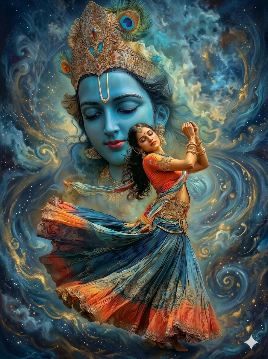 "A vibrant digital art of Radha dancing gracefully in a swirling cosmic background, with a large, serene face of Lord Krishna appearing in the clouds behind her, AI generated."