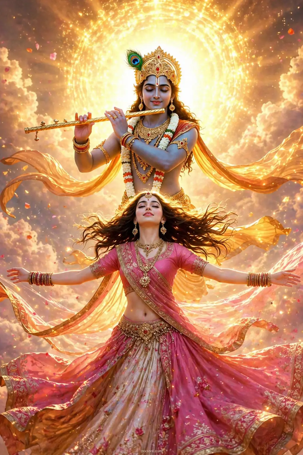 A breathtaking digital painting of Radha and Krishna in a celestial setting. Krishna stands behind Radha, playing a golden flute with a radiant sun-like aura behind his head. Radha is dancing joyfully with her arms outstretched, wearing a vibrant pink and gold lehenga. They are surrounded by golden clouds and floating petals. AI Generated
