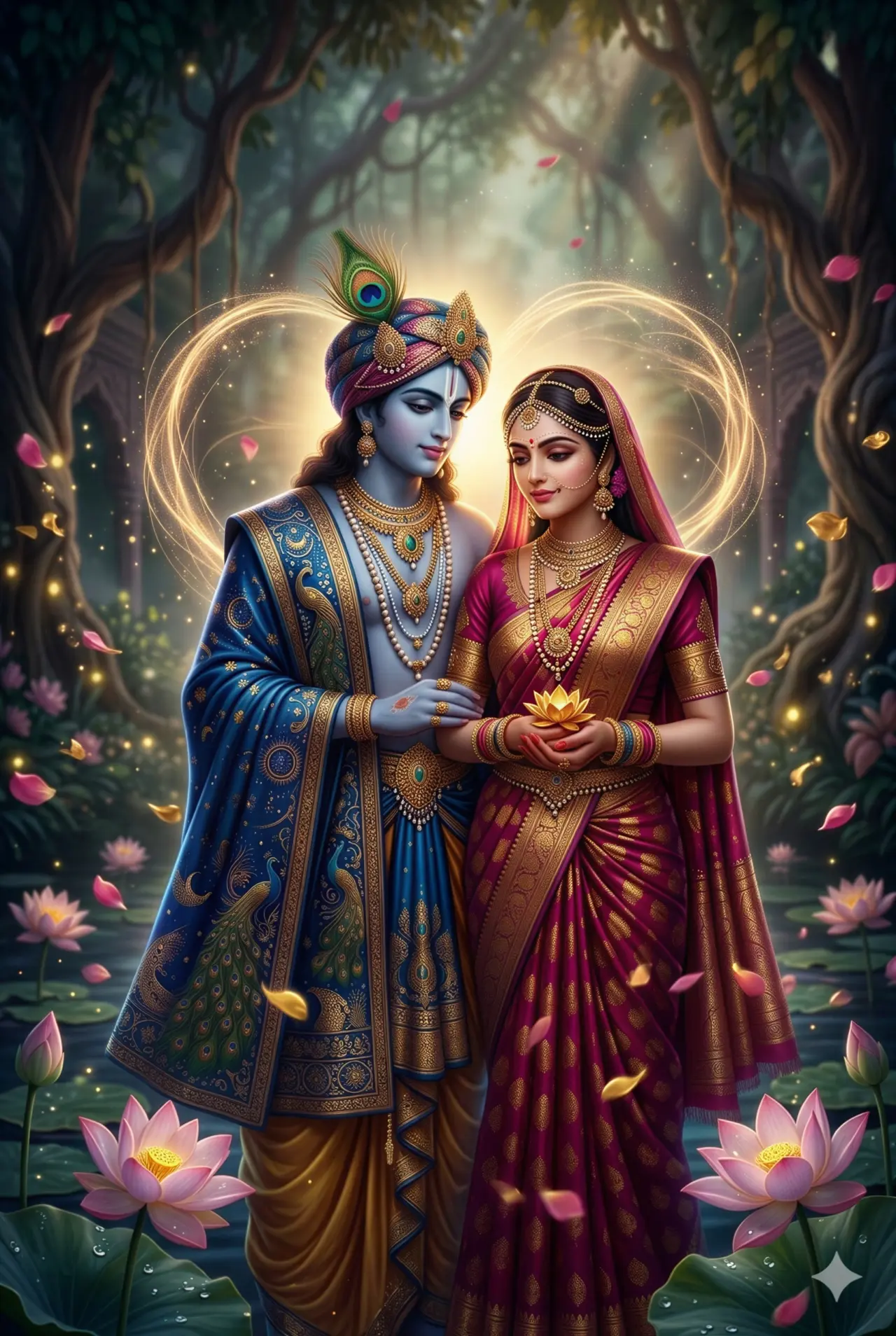 A serene digital painting of Radha and Krishna standing in a mystical lotus pond. Krishna wears a blue peacock-themed shawl and a feathered crown, while Radha is in a beautiful magenta silk saree holding a lotus. A glowing heart-shaped aura frames them under forest trees. AI Generated