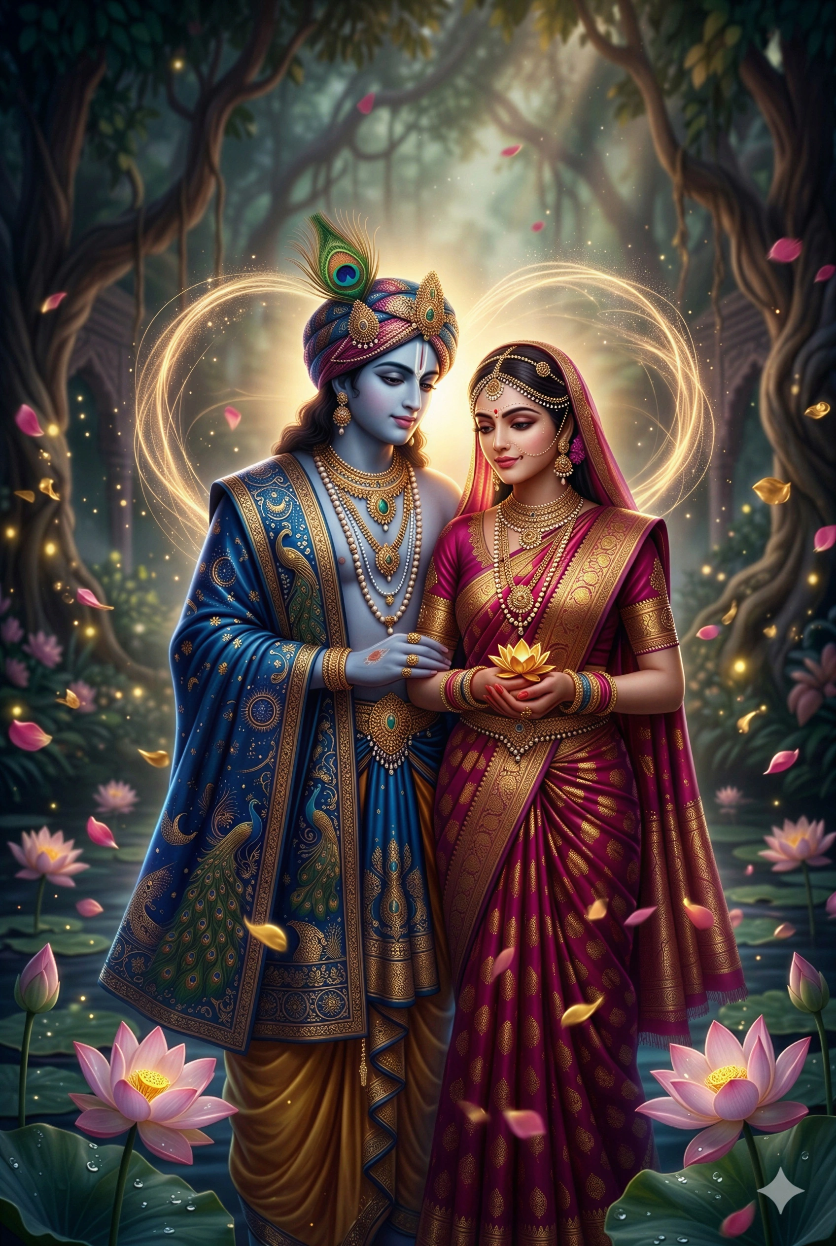 A serene digital painting of Radha and Krishna standing in a mystical lotus pond. Krishna wears a blue peacock-themed shawl and a feathered crown, while Radha is in a beautiful magenta silk saree holding a lotus. A glowing heart-shaped aura frames them under forest trees. AI Generated