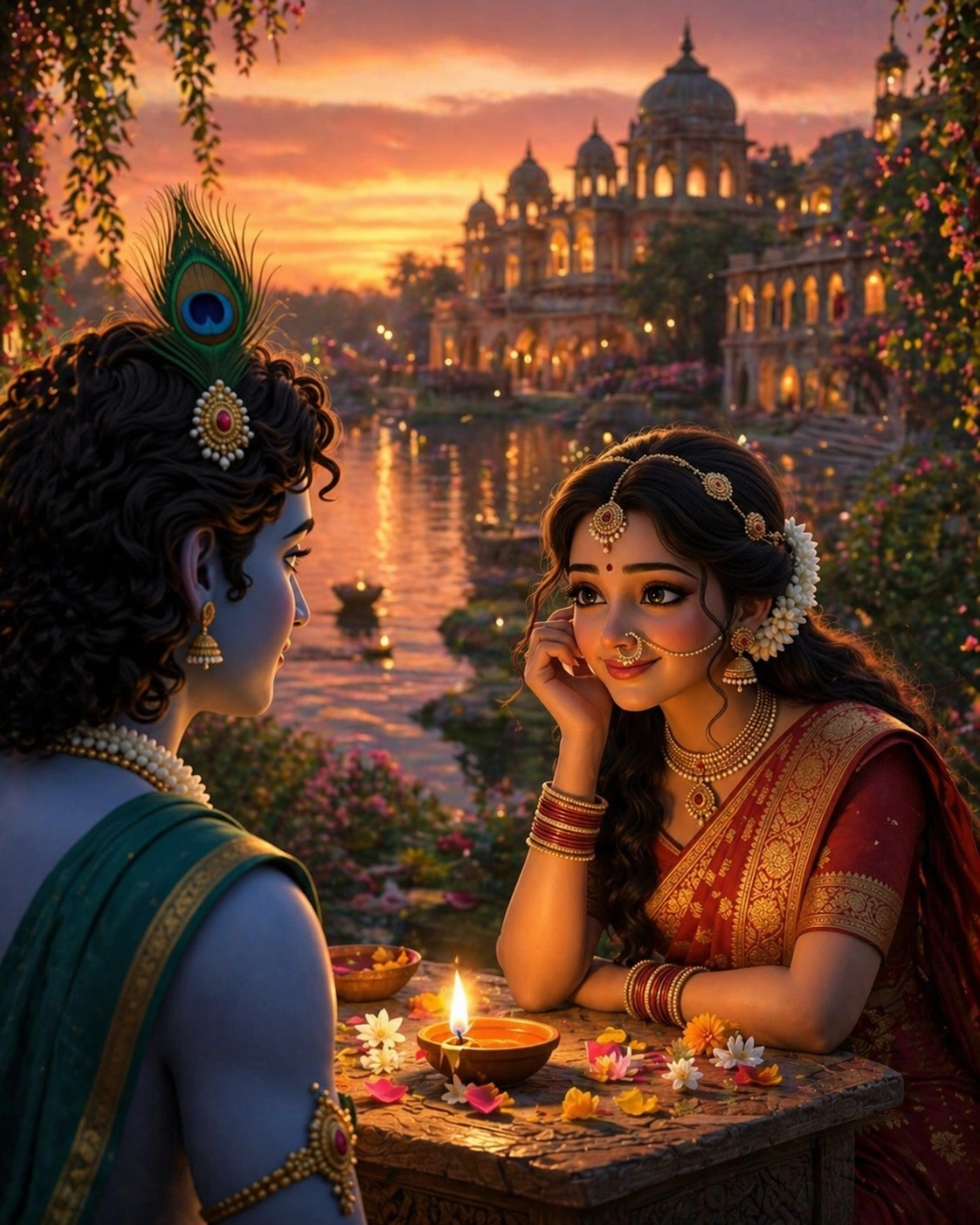 "A beautiful digital artwork of Radha and Krishna sitting by a river at sunset, with a grand palace in the background and a glowing diya on the table, AI generated."