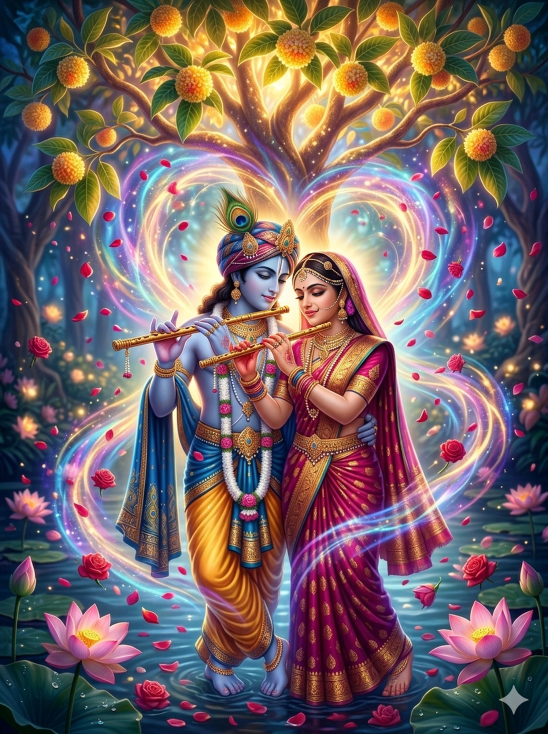 A vibrant and colorful digital painting of Radha and Krishna standing in water, playing flutes together under a glowing tree with heart-shaped light auras. AI Generated