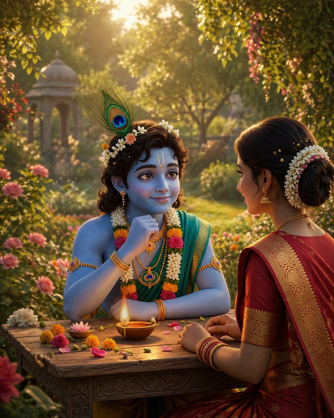 "A bright and colorful digital artwork of Lord Krishna and Radha sitting in a lush garden filled with roses, sharing a peaceful moment by a lit diya, AI generated."