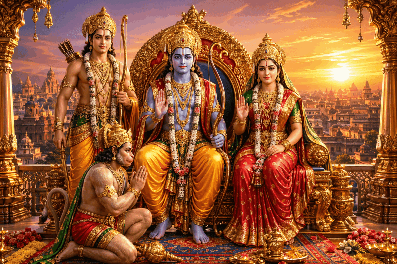 AI-generated divine portrait of Ram Darbar featuring Lord Rama and Goddess Sita on the throne, with Lakshman and Hanuman in a golden Ayodhya palace during sunset.