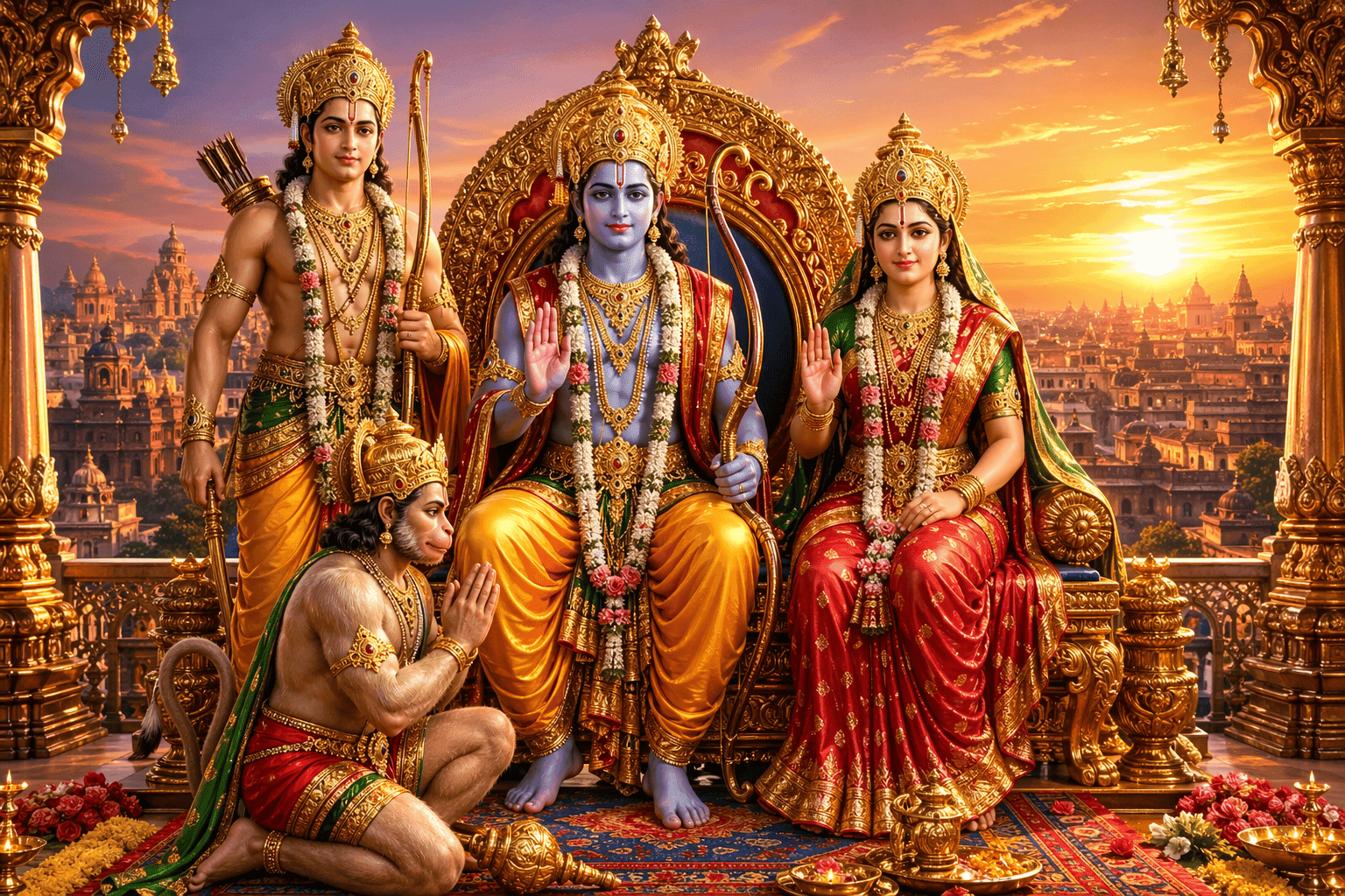 AI-generated divine portrait of Ram Darbar featuring Lord Rama and Goddess Sita on the throne, with Lakshman and Hanuman in a golden Ayodhya palace during sunset.