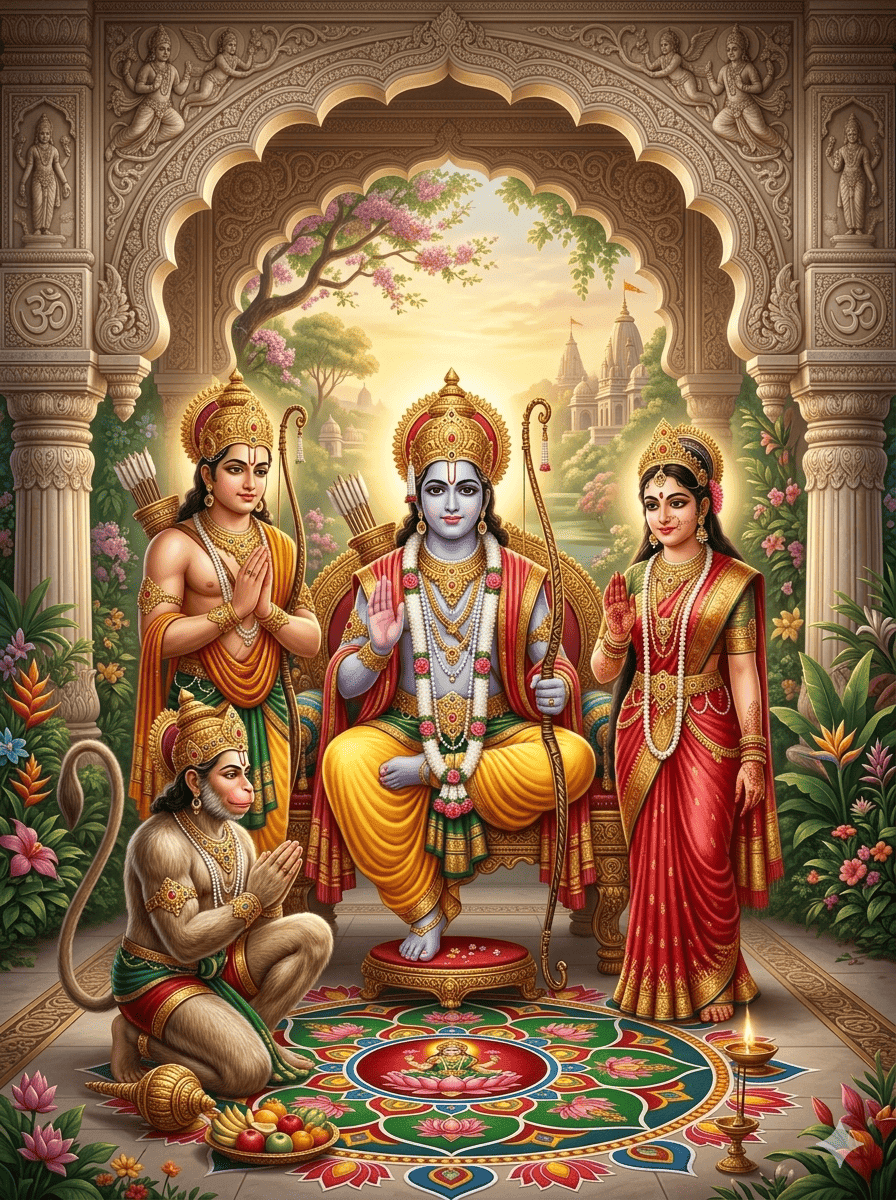 AI-generated vibrant digital art of Lord Rama on a throne with Goddess Sita, Lakshman, and Lord Hanuman in a grand temple palace.