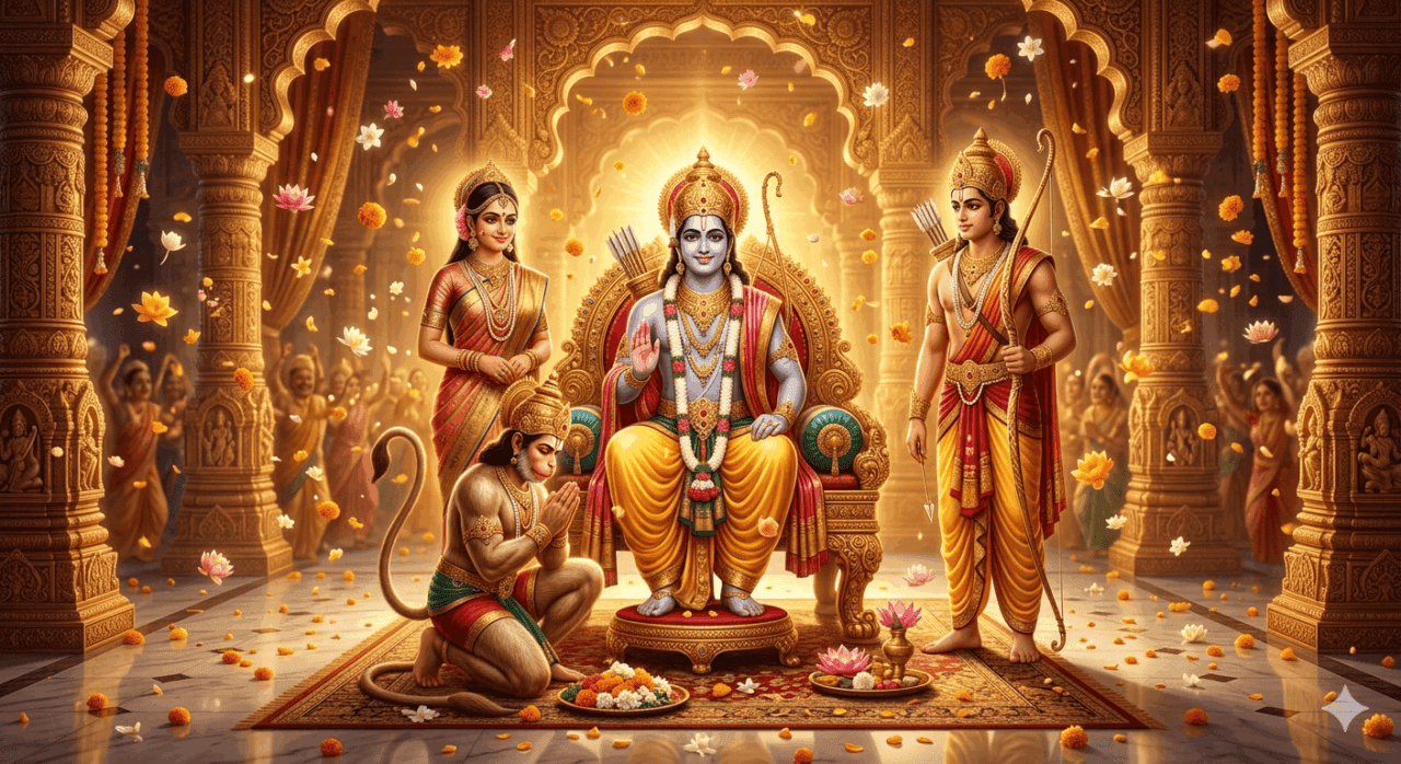 AI-generated vibrant art of Lord Rama, Sita, Lakshman, and Hanuman in a golden palace with flowers falling from the sky.