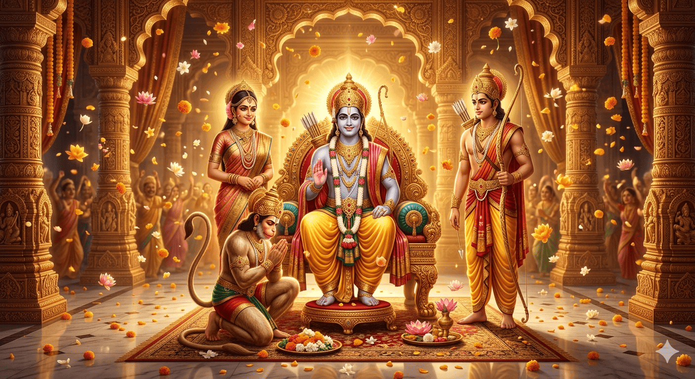 AI-generated vibrant art of Lord Rama, Sita, Lakshman, and Hanuman in a golden palace with flowers falling from the sky.