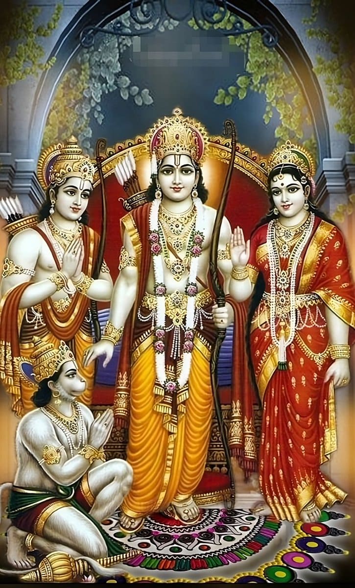 AI-generated traditional portrait of Ram Darbar featuring Lord Rama with bow, Goddess Sita, Lakshman, and Lord Hanuman in a praying pose.