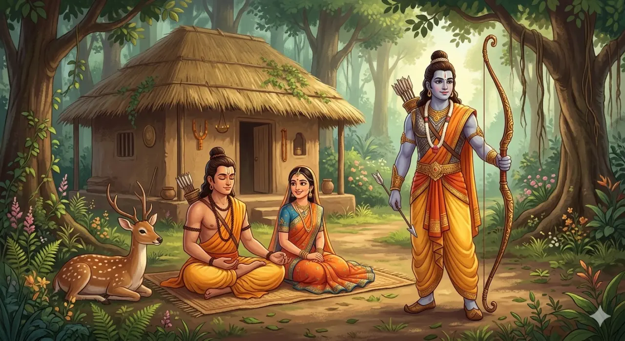 Lord Ram standing with his bow, Mata Sita and Laxman sitting near a hut in the forest during their exile, AI Generated.