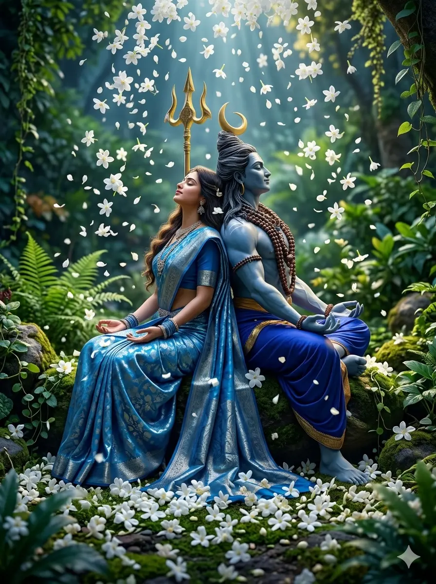 A beautiful and peaceful depiction of Lord Shiva and Mata Parvati sitting back-to-back in meditation within a lush green forest. White flowers are showering down from above, and the ground is covered in them. Shiva has a blue complexion, and Parvati is wearing a stunning blue silk saree. A golden trident stands behind them. AI Generated.