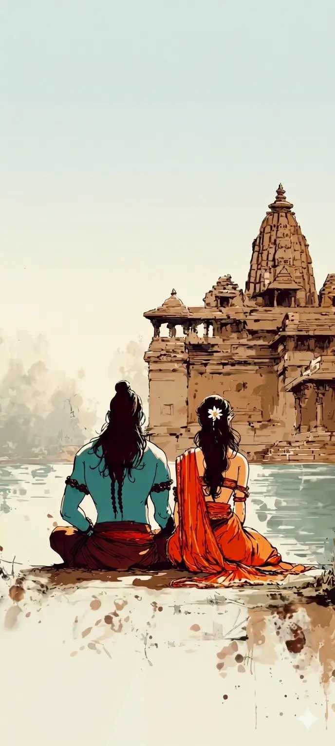 A stylized artistic illustration of Lord Shiva and Mata Parvati sitting by a riverbank, looking towards a majestic stone temple in the distance. AI Generated