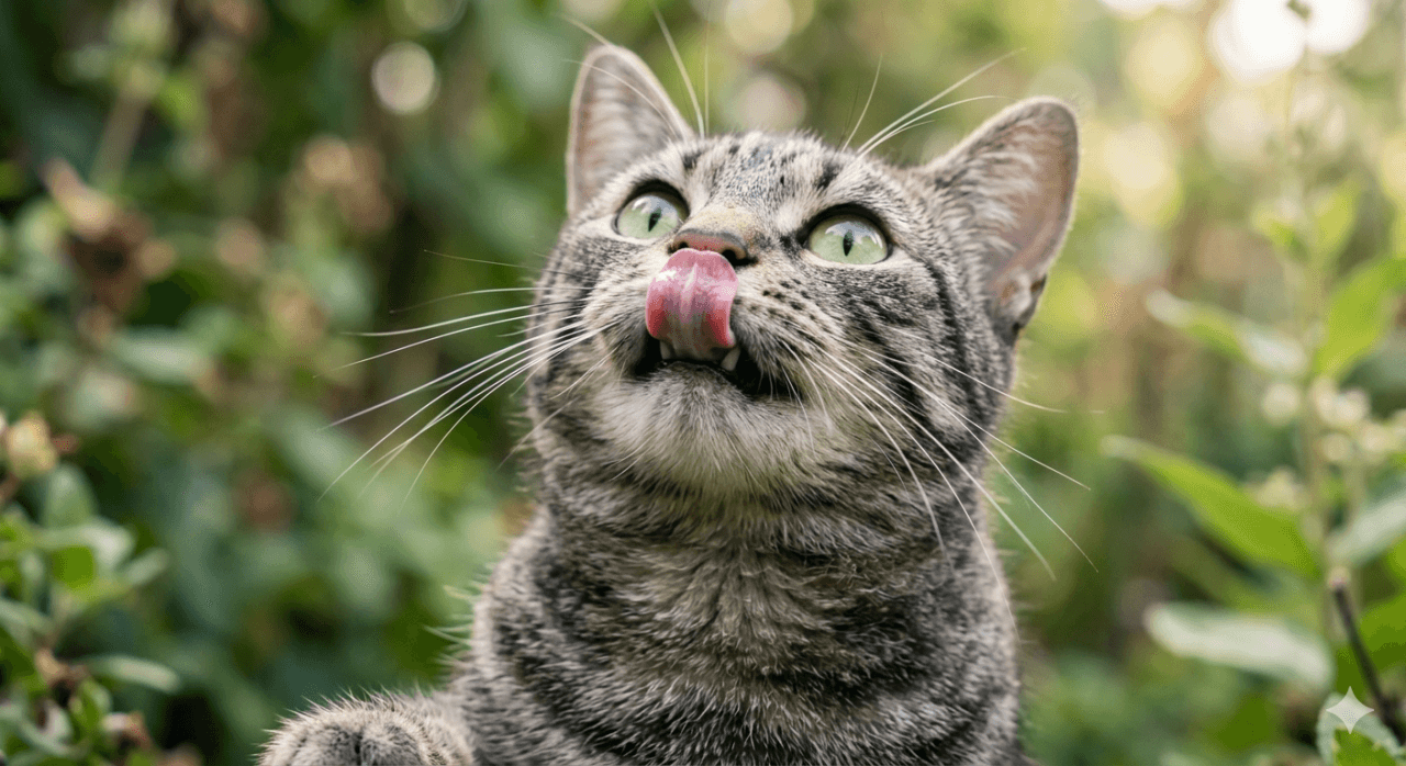 tabby cat licking nose garden.jpg