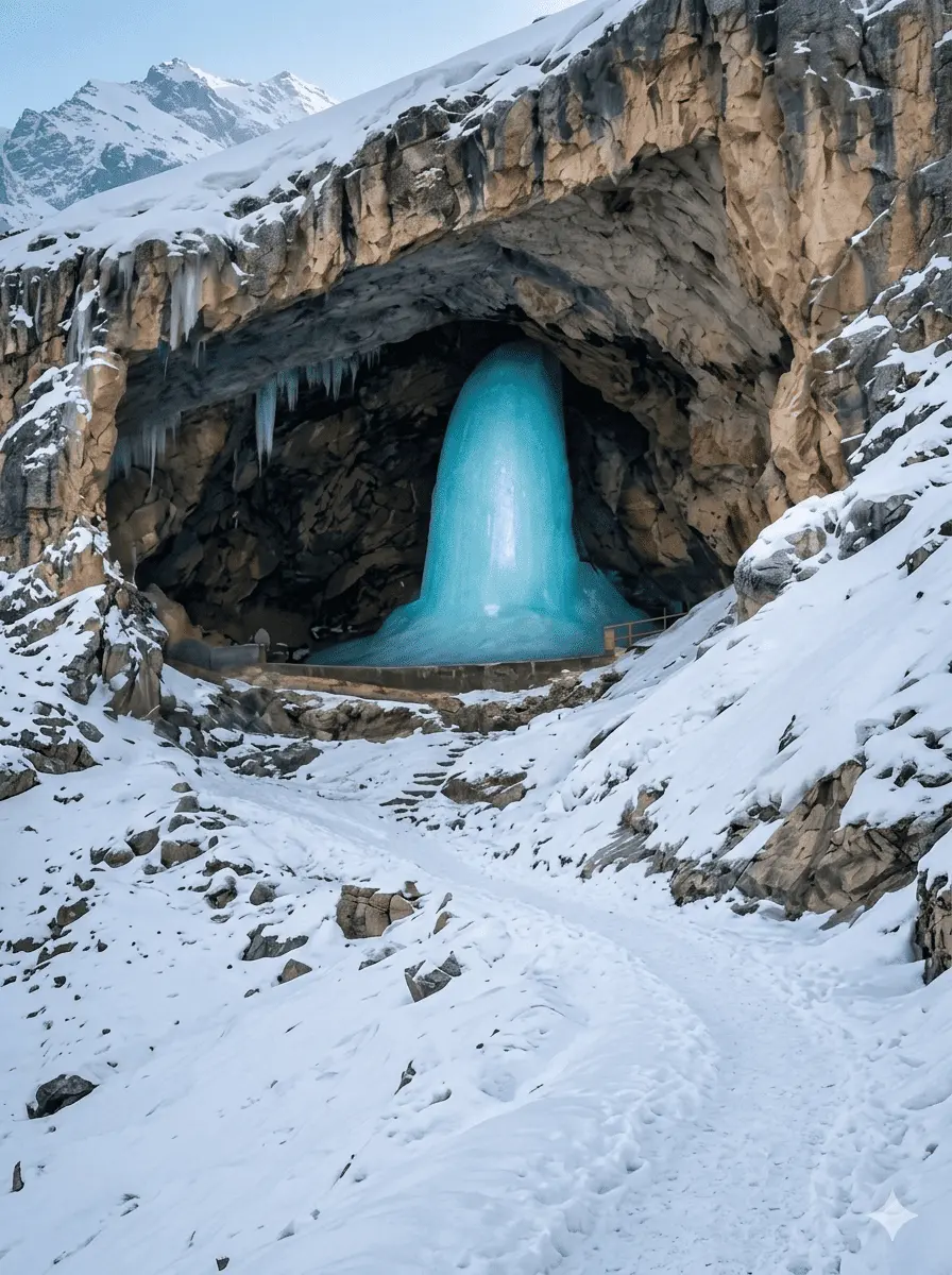 A majestic view of the sacred Amarnath Cave in the snow-covered Himalayan mountains. Inside the rocky cave, a large, glowing blue ice stalagmite, representing the Shiva Lingam, stands prominently. The surrounding landscape is covered in thick white snow with a winding path leading to the entrance. AI Generated.