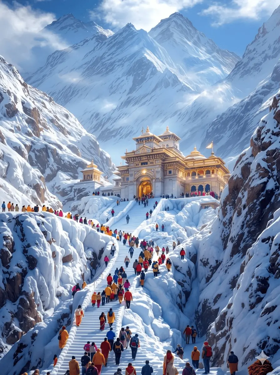 "Majestic golden-roofed temple in the snow-covered Himalayas with a winding staircase filled with colorful pilgrims ascending towards the entrance."