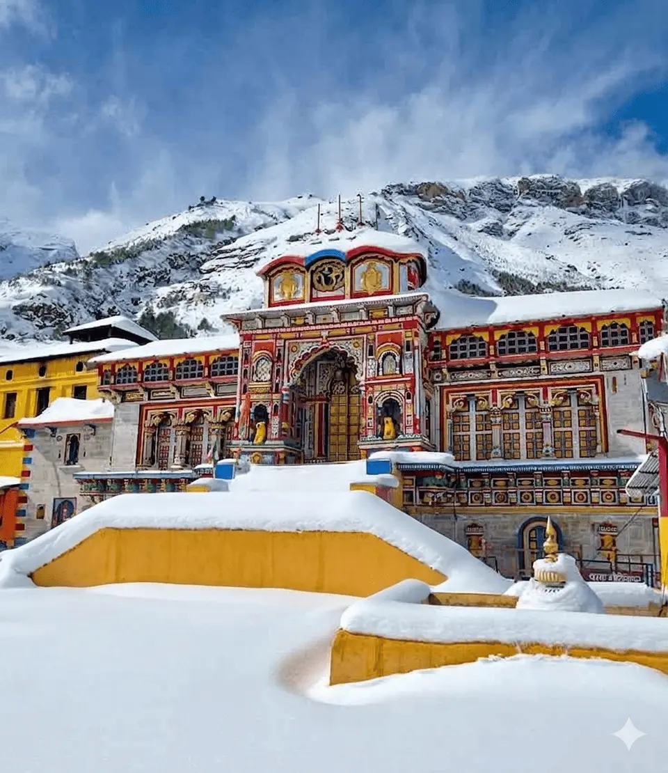 Badrinath Temple in winter, covered in snow with the Himalayan peaks in the background.