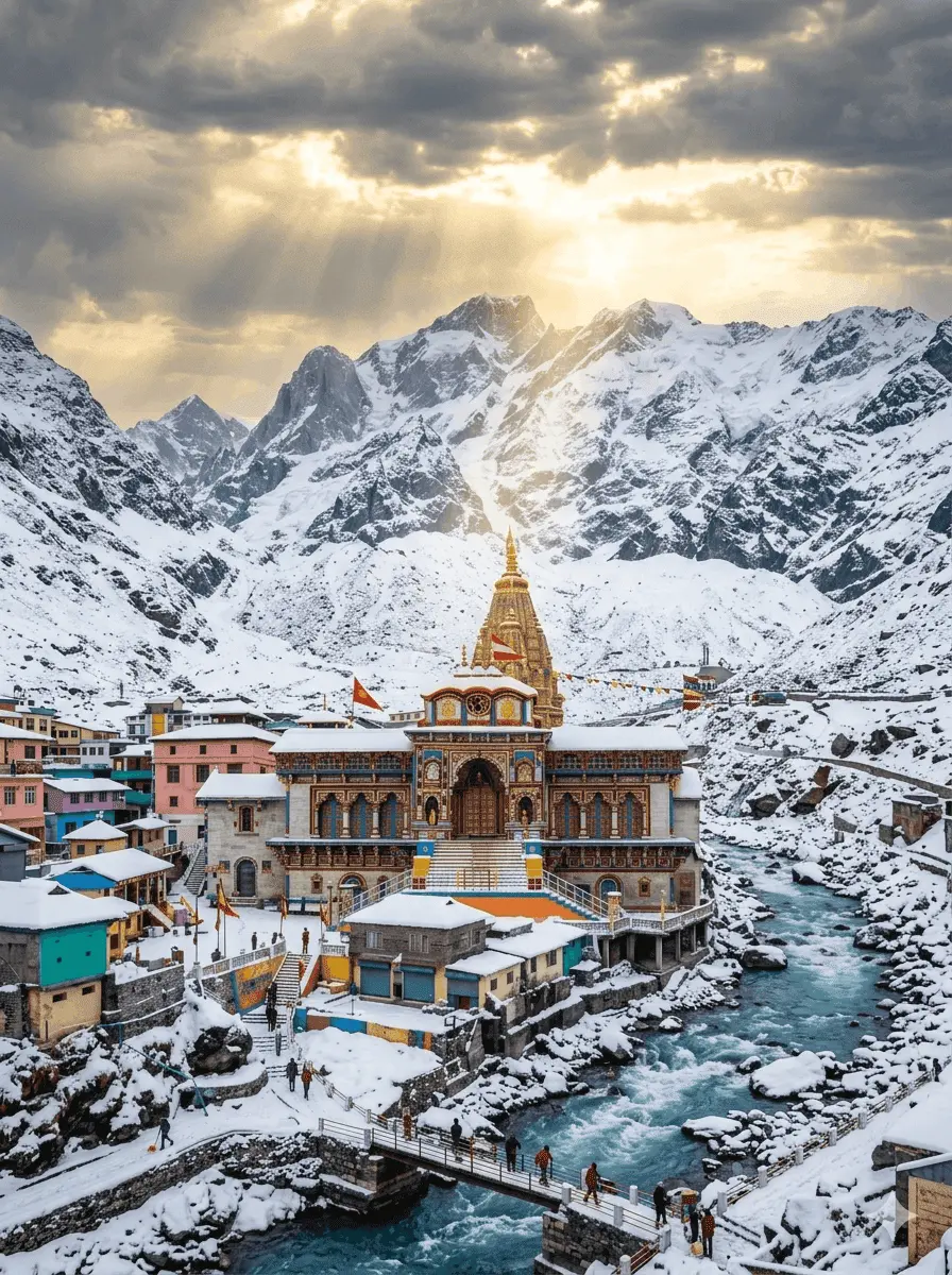 "Stunning winter view of Badrinath Temple covered in snow, featuring the colorful facade, a turquoise river with a bridge, and sun rays over the Himalayan mountains."