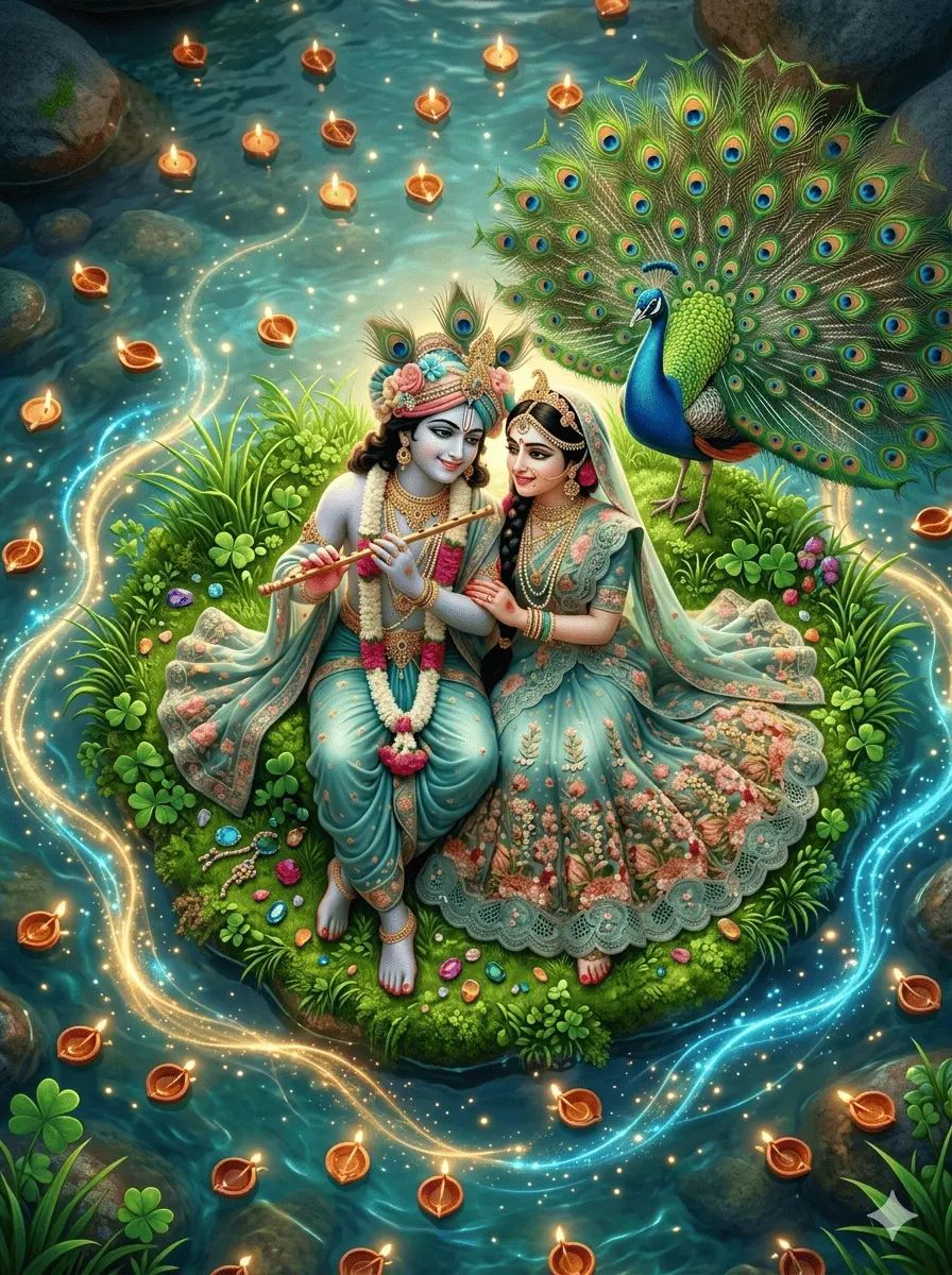 "Radha and Krishna sitting together on a river island, surrounded by a magical atmosphere. Krishna plays his flute as a peacock stands guard with open feathers. The scene is illuminated by dozens of floating lamps (diyas) in the water, creating a warm, divine glow."