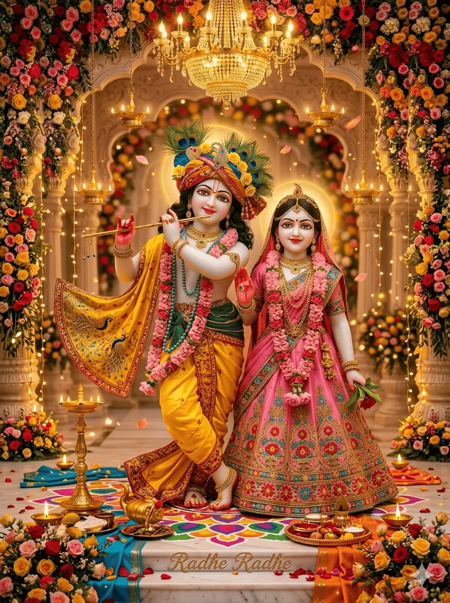 "Radha and Krishna standing in the heart of a grand temple. Krishna is playing his golden flute, wearing his signature peacock feather crown, while Radha looks elegant in her pink embroidered dress. The background is filled with flowers, a sparkling chandelier, and the soft glow of diyas, creating such a peaceful and divine atmosphere.
