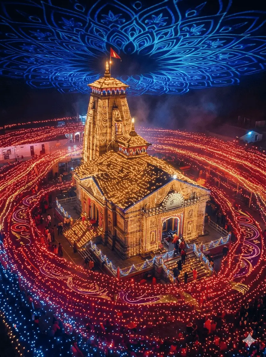 "A breathtaking night view of Kedarnath Temple, glowing beautifully under golden lights. The courtyard is decorated with vibrant red and orange mandala patterns, while a majestic blue glowing mandala shines in the dark sky above."