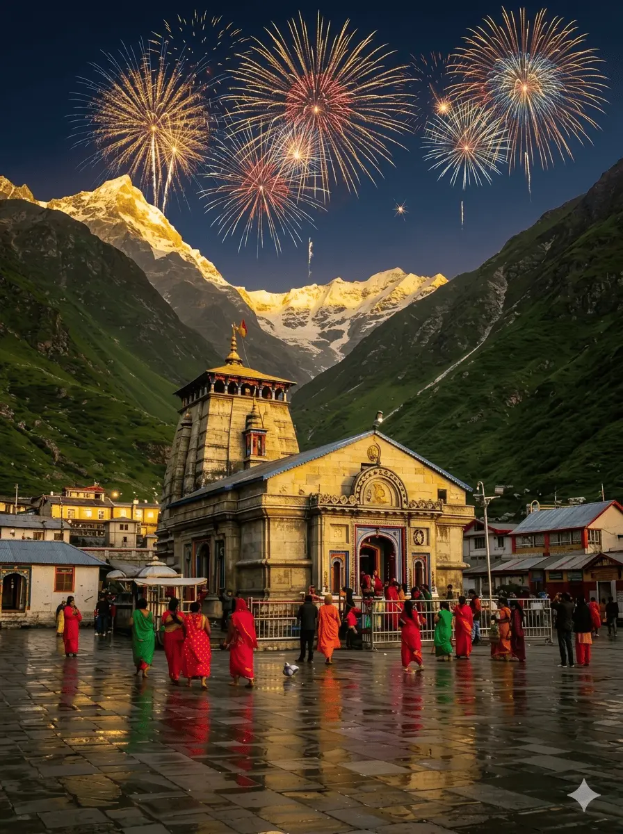 "A vibrant digital painting of a grand celebration at Kedarnath Temple, with colorful fireworks bursting in the night sky. The glowing lights illuminate the snow-capped Himalayan peaks, while devotees in traditional clothes walk across the wet, reflective stone courtyard."