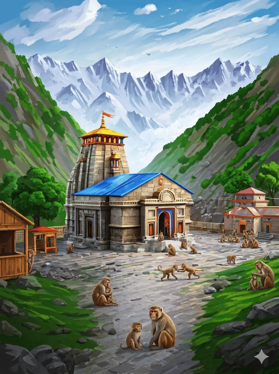 "A beautiful digital painting of the sacred Kedarnath Temple in a lush green valley, with snow-capped Himalayan mountains in the background and monkeys playing in the stone courtyard."