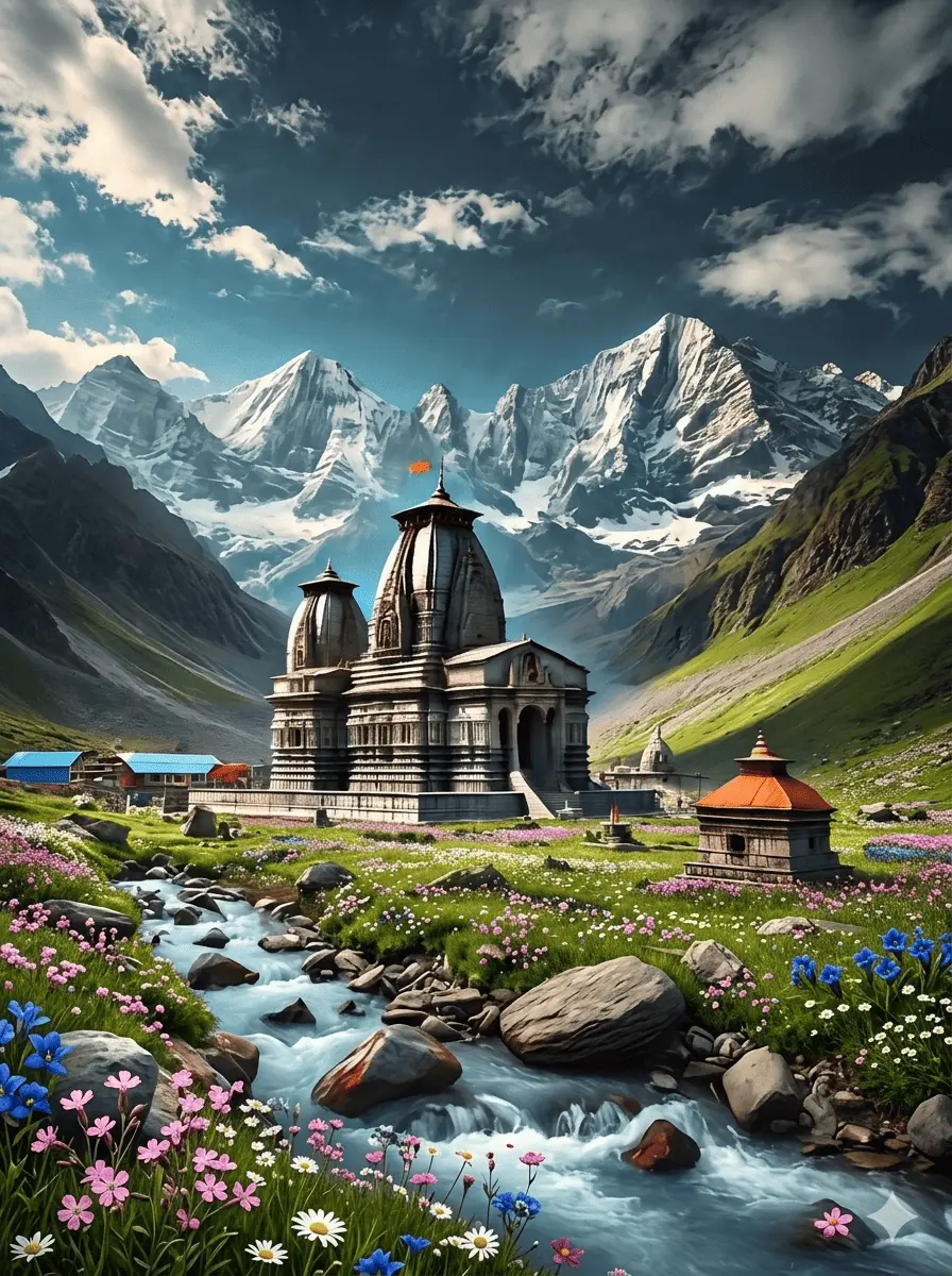 The Kedarnath Temple located in a lush green valley with wildflowers and a flowing river stream, set against the backdrop of snow-capped Himalayan mountains.