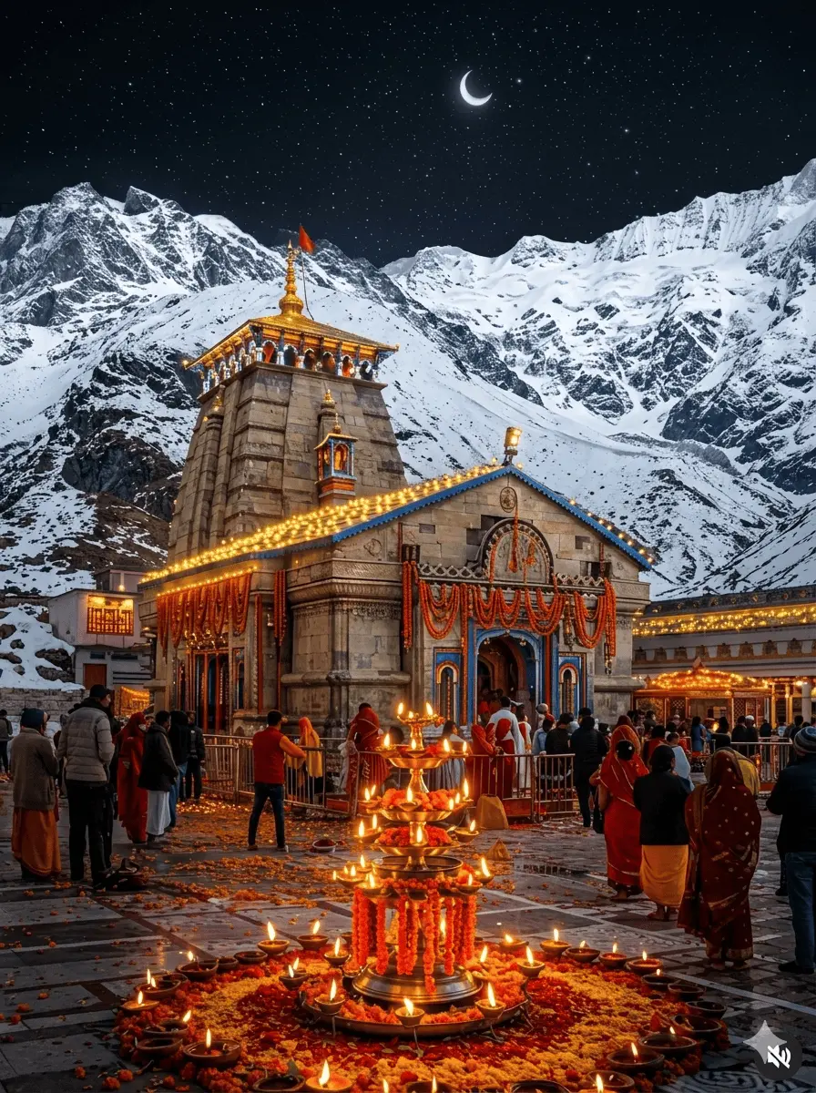 "Illuminated Kedarnath Temple at night with yellow lights and flower garlands, traditional oil lamps (Deepak) in the foreground, and snow-covered Himalayan mountains under a starry sky."