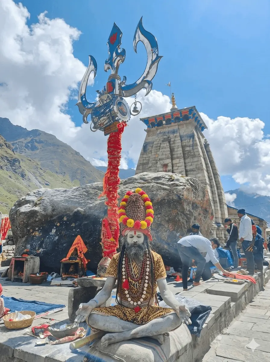 Spiritual scene at Kedarnath Temple featuring a meditating Sadhu with matted hair, a silver Trishul with Damru, and the historic temple architecture with Bhim Shila in the Himalayas."