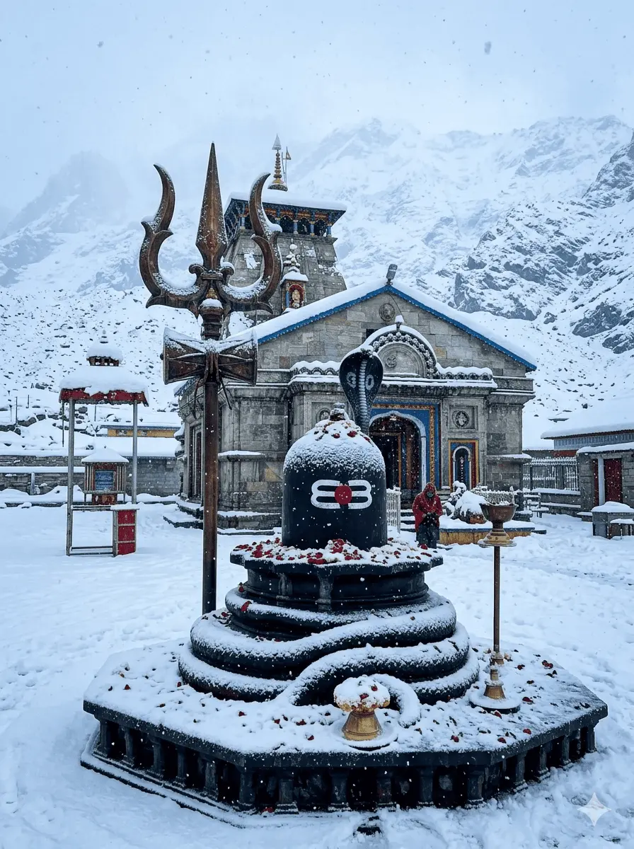 Kedarnath Temple in Uttarakhand during a heavy snowfall, featuring a decorated black Shivling and a large metallic Trishul in the snowy courtyard.