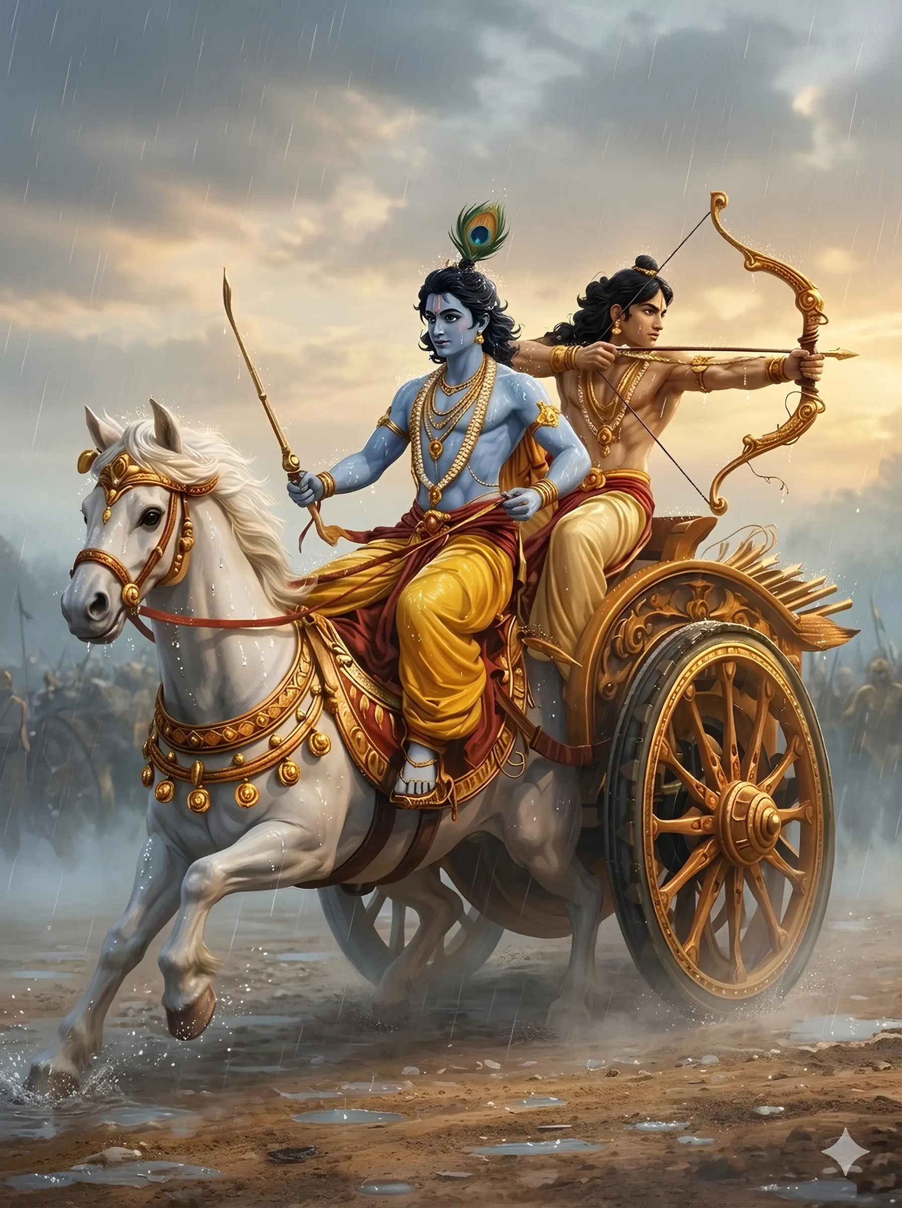 Powerful digital illustration of Lord Krishna as the charioteer and Arjuna with a golden bow on a chariot during the Mahabharata war on a rainy battlefield."