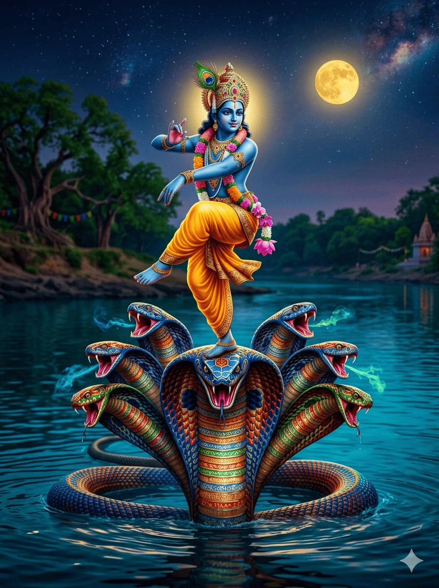 "In this beautiful scene, a young Krishna is seen dancing atop the five-headed Kaliya serpent in the middle of the Yamuna River. Dressed in a bright yellow dhoti, Krishna has a sweet, peaceful smile as he effortlessly balances on the serpent's hoods. It’s a magical night—the full moon is glowing brightly, and stars are twinkling across the dark sky. The many heads of the serpent rise out of the water, creating a powerful contrast with Krishna’s calm and divine dance."