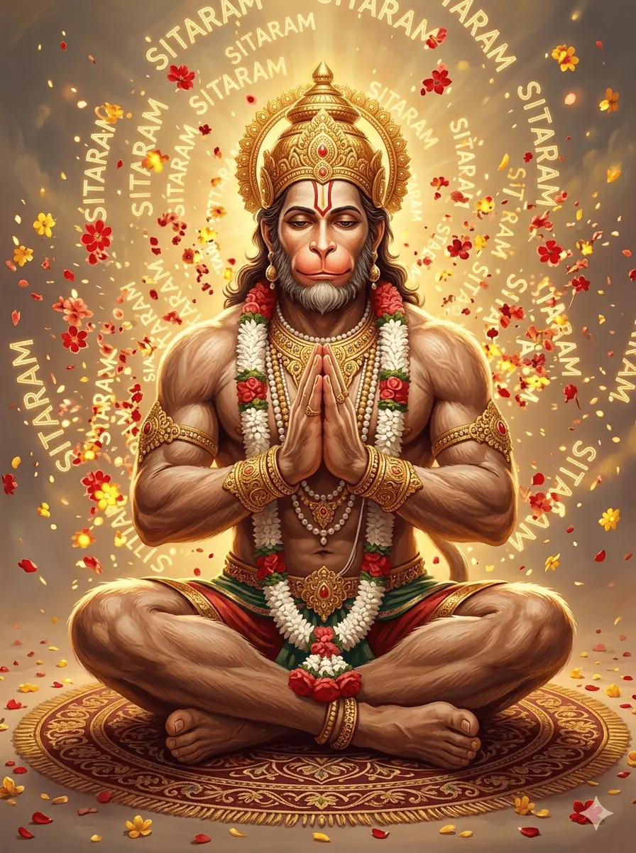 A powerful digital art of Lord Hanuman sitting in a meditative yoga pose with folded hands, wearing a golden crown and garlands, surrounded by floating golden petals and the sacred chant 'SITARAM' written in a circular pattern around his aura, AI Generated.