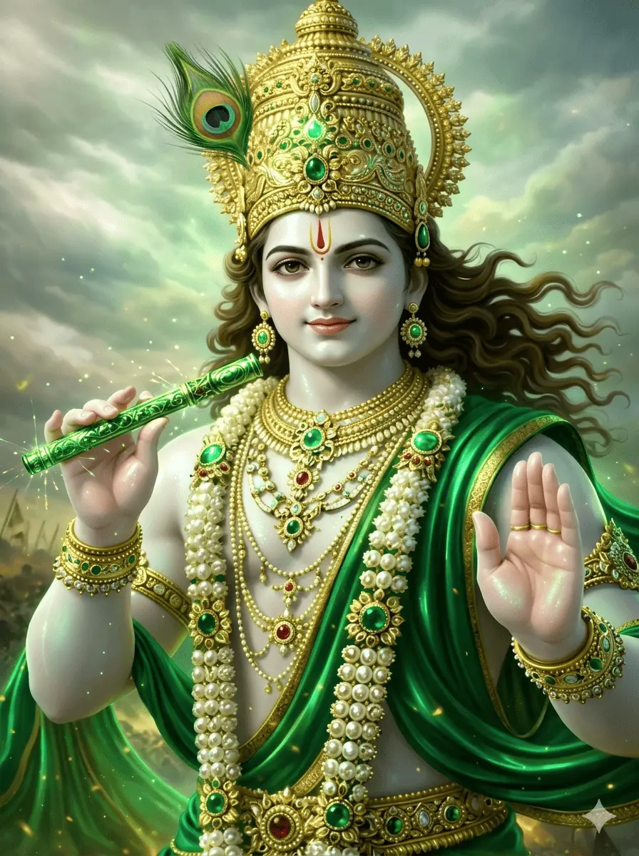"Serene digital portrait of Lord Krishna in green silk attire, wearing a golden crown with peacock feather, holding a glowing flute and giving blessings."