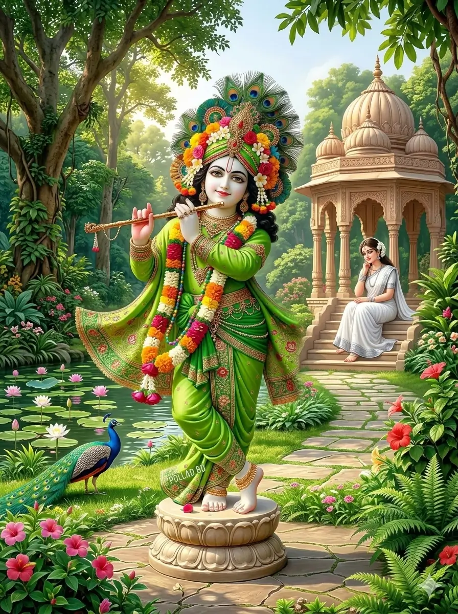 A serene digital painting of Lord Krishna wearing a vibrant green dress and a peacock feather crown, playing the flute in a lush Vrindavan garden. A Gopi in a white saree sits gracefully in a temple pavilion in the background. AI Generated.4. Caption: