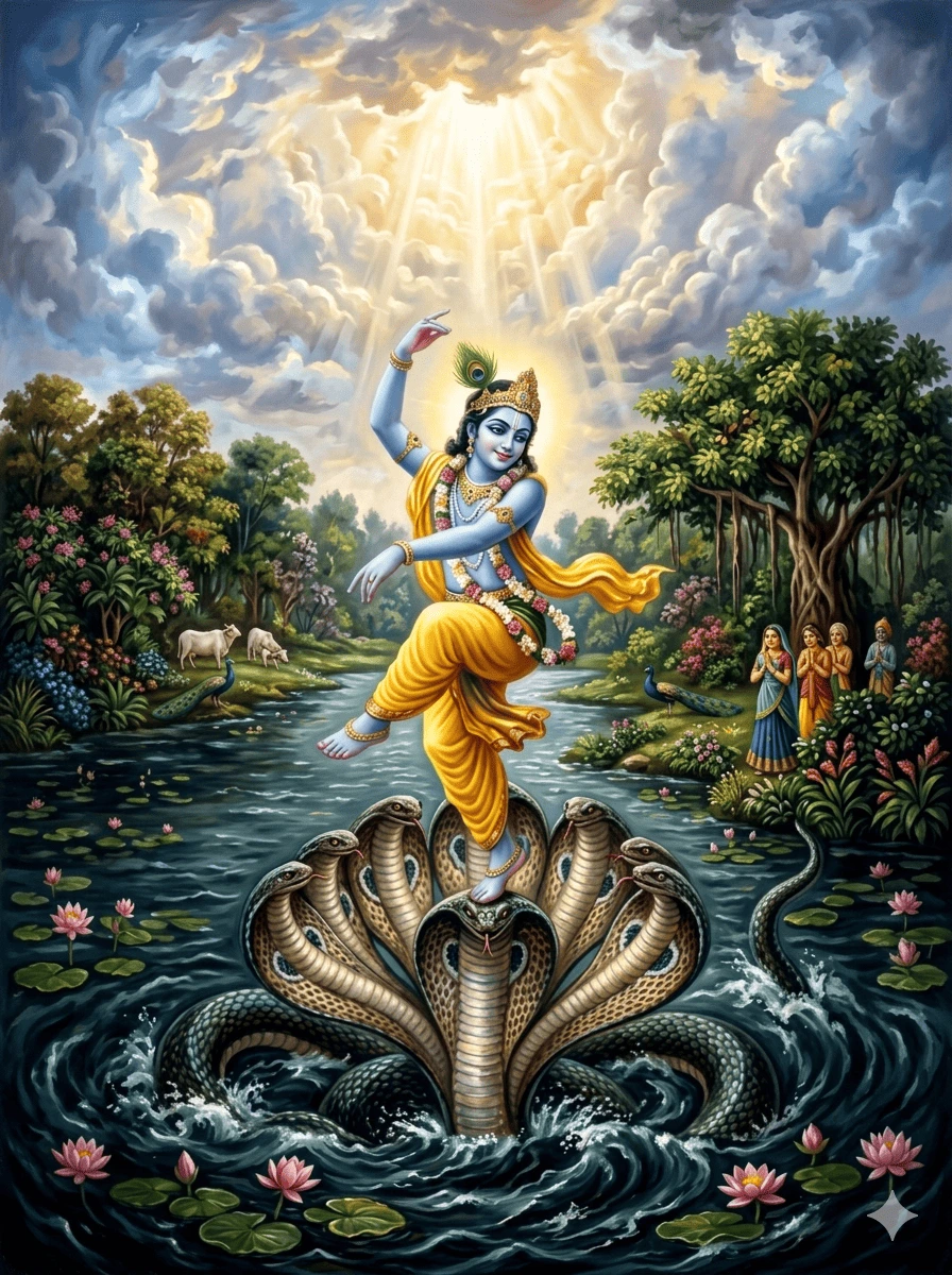 "Lord Krishna ka Kalia Naag par divine dance, Yamuna nadi aur sundar kudrati nazare ke saath."