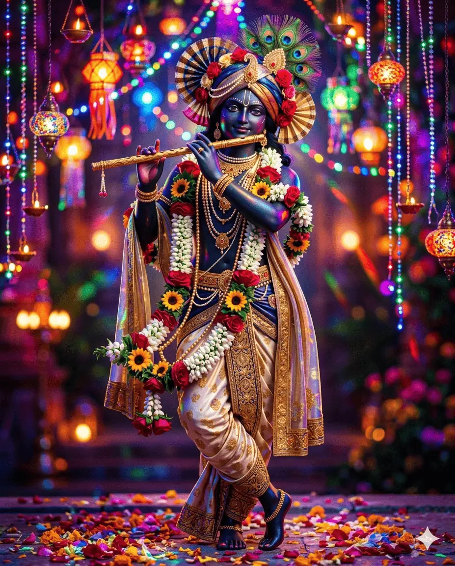 A beautiful digital painting of Lord Krishna with dark blue skin standing in his iconic crossed-leg pose and playing a golden flute. He is adorned with a peacock feather crown, heavy jewelry, and garlands of sunflowers and roses. The background is filled with glowing colorful lanterns, hanging diyas, and festive fairy lights. AI Generated