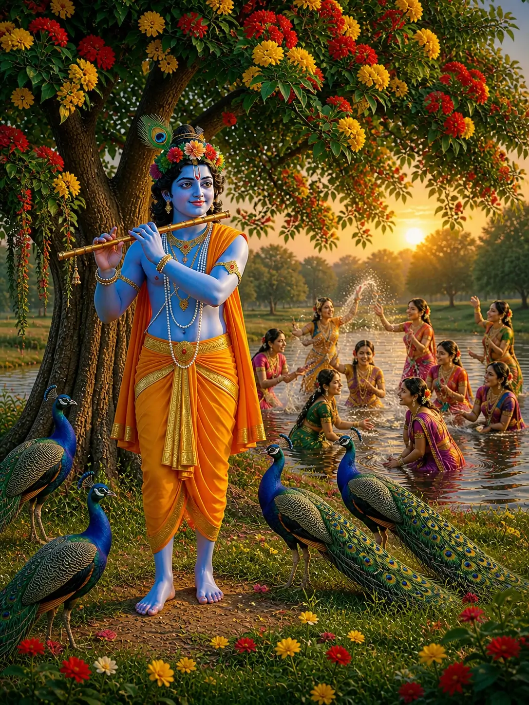 A breathtaking digital painting of Lord Krishna standing under a blooming Kadamba tree, playing his golden flute. Several peacocks stand near him, and in the background, Gopis are joyfully playing in the Yamuna river under a glowing sunset. AI Generated.