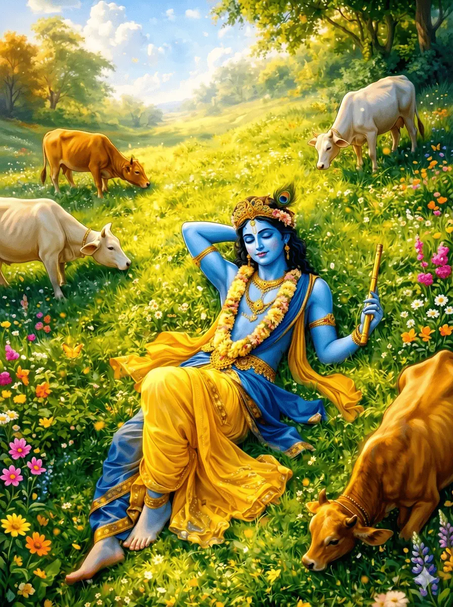 "In this serene picture, Lord Krishna is seen relaxing peacefully in a lush green meadow. He is surrounded by grazing cows and a vibrant carpet of colourful wildflowers. Dressed in his signature yellow dhoti and a beautiful floral garland, he holds his golden flute by his side. The background is filled with thick green trees and soft golden sunlight, making the entire scene look incredibly calm and picturesque