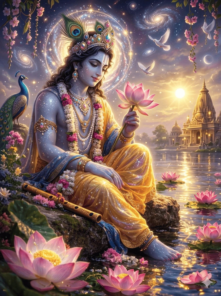 "Shant nadi aur gulabi kamal ke phoolon ke beech Lord Krishna ka manmohak swaroop, sar par mor pankh aur piche brahmand jaisa aakash."