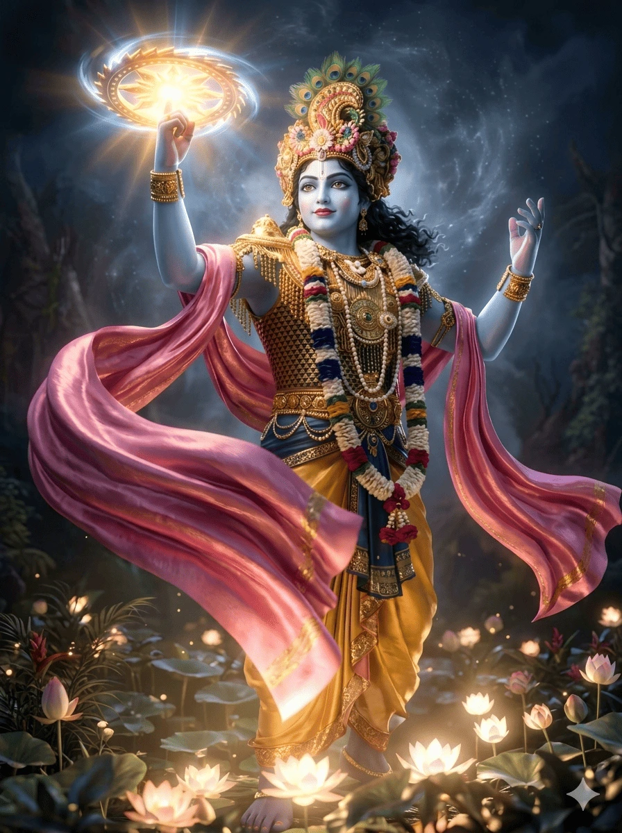 "Majestic digital art of Lord Krishna holding the glowing Sudarshana Chakra in a divine garden under a cosmic sky."