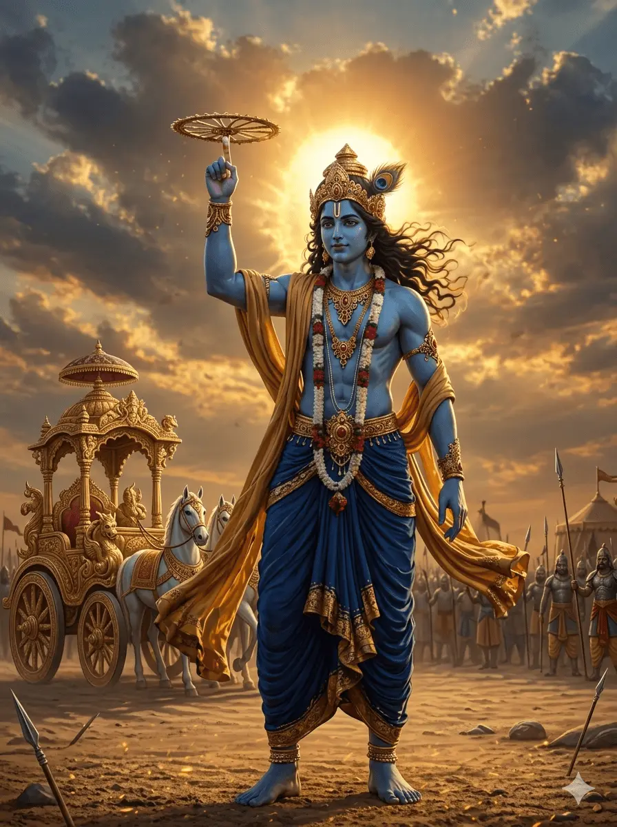 Lord Krishna holding the Sudarshana Chakra on the Kurukshetra battlefield during a sunset.