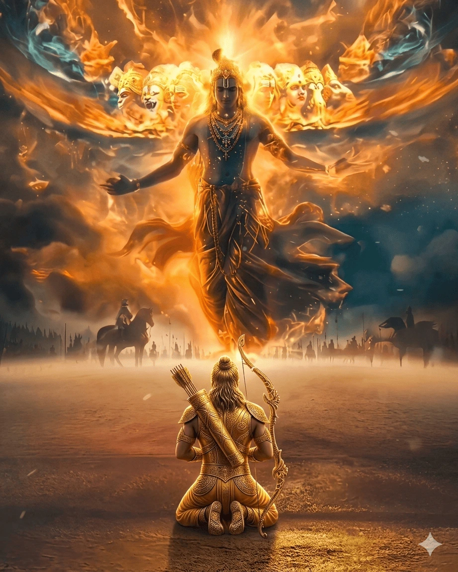 Lord Krishna revealing his massive Vishwaroop cosmic form to Arjuna on the battlefield of Kurukshetra.