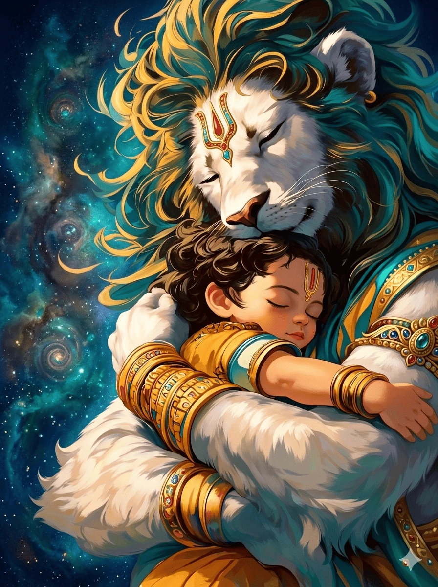 A beautiful and intimate digital illustration of Radha and Krishna sitting closely together in a lush forest. Krishna has his arm around Radha, and they are both holding a flute. Sunlight filters through the trees, creating a warm, magical glow around them as they are surrounded by flowers. AI Generated