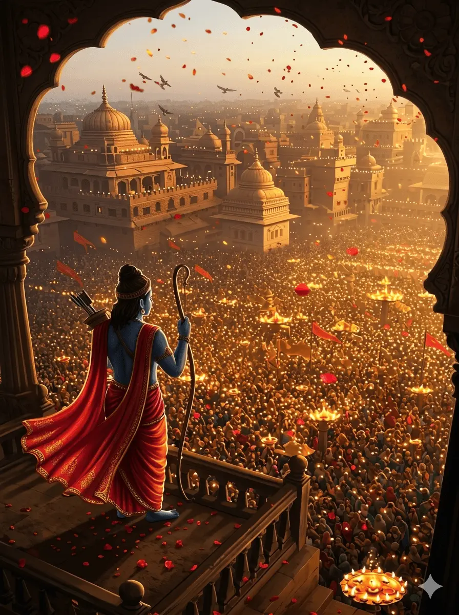 A digital art painting of Lord Rama with blue skin, a red cape, and a bow on his back, standing on a palace balcony. He looks out over a massive crowd of devotees celebrating in the golden-lit city of Ayodhya, which is filled with traditional temples, glowing diyas, and floating flower petals.