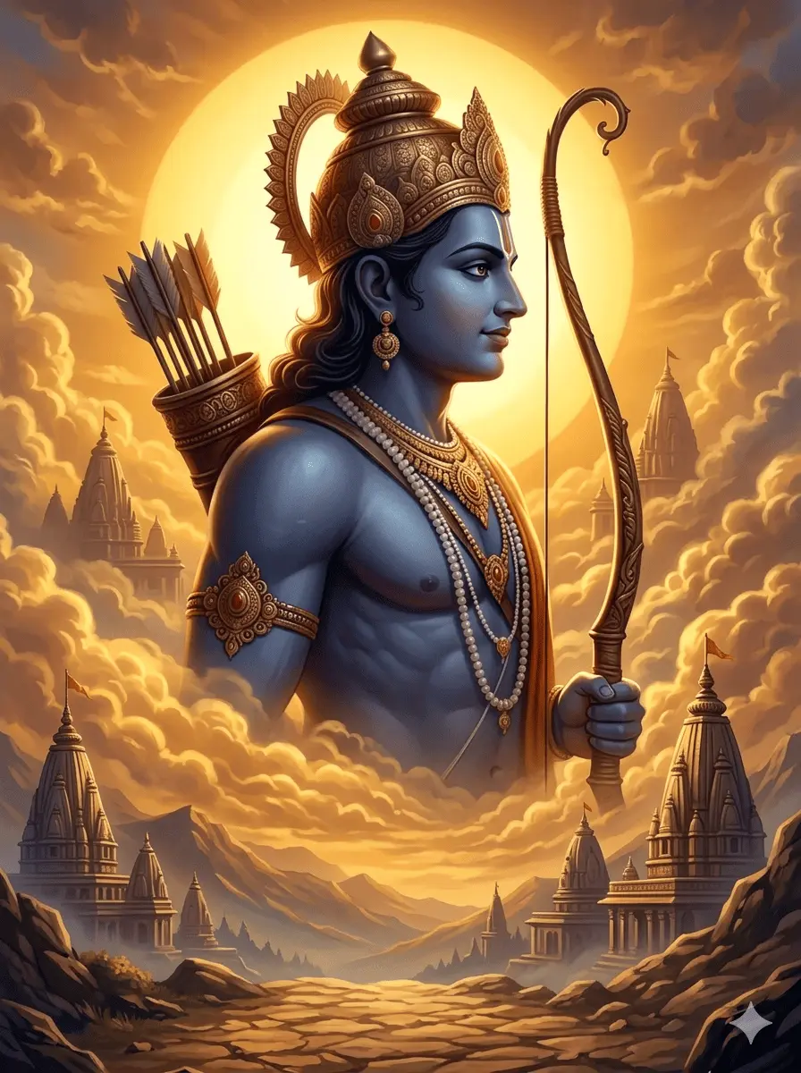 "Powerful profile view of blue-skinned Lord Rama with a golden crown and bow, featuring a glowing sun and ancient Hindu temples in the background."