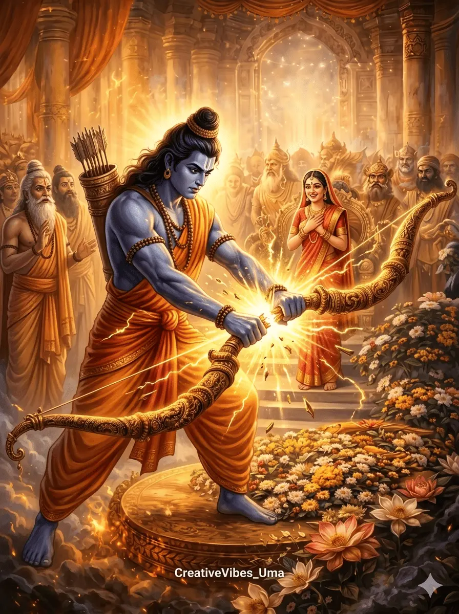 A powerful digital art of Lord Rama with blue skin, wearing an orange dhoti and a quiver of arrows on his back, forcefully breaking the heavy golden Pinaka bow during the swayamvar while Mata Sita stands gracefully in a red saree in the background surrounded by kings and sages in a grand palace, AI Generated.